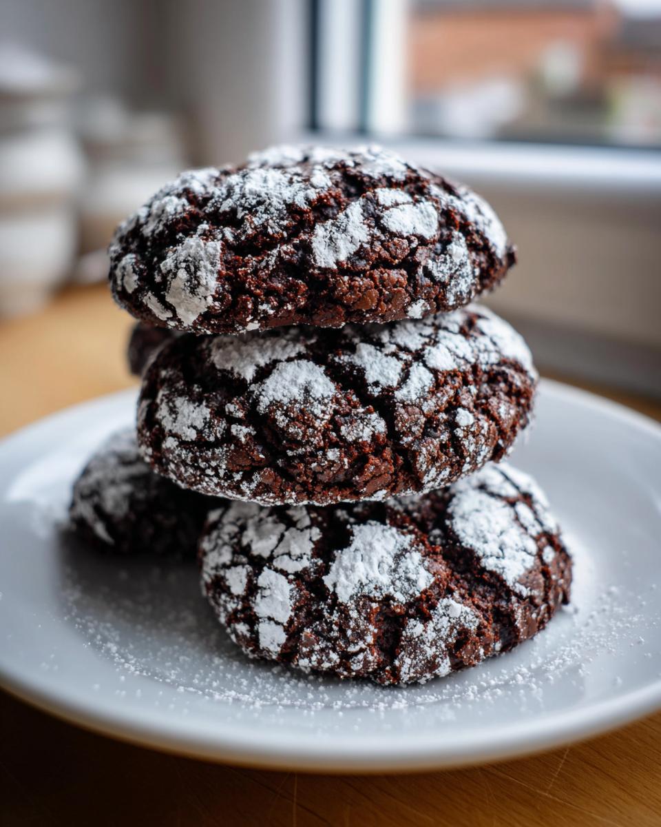 A stack of three rich, dark chocolate crinkle cookies generously dusted with white powdered sugar on a white plate.