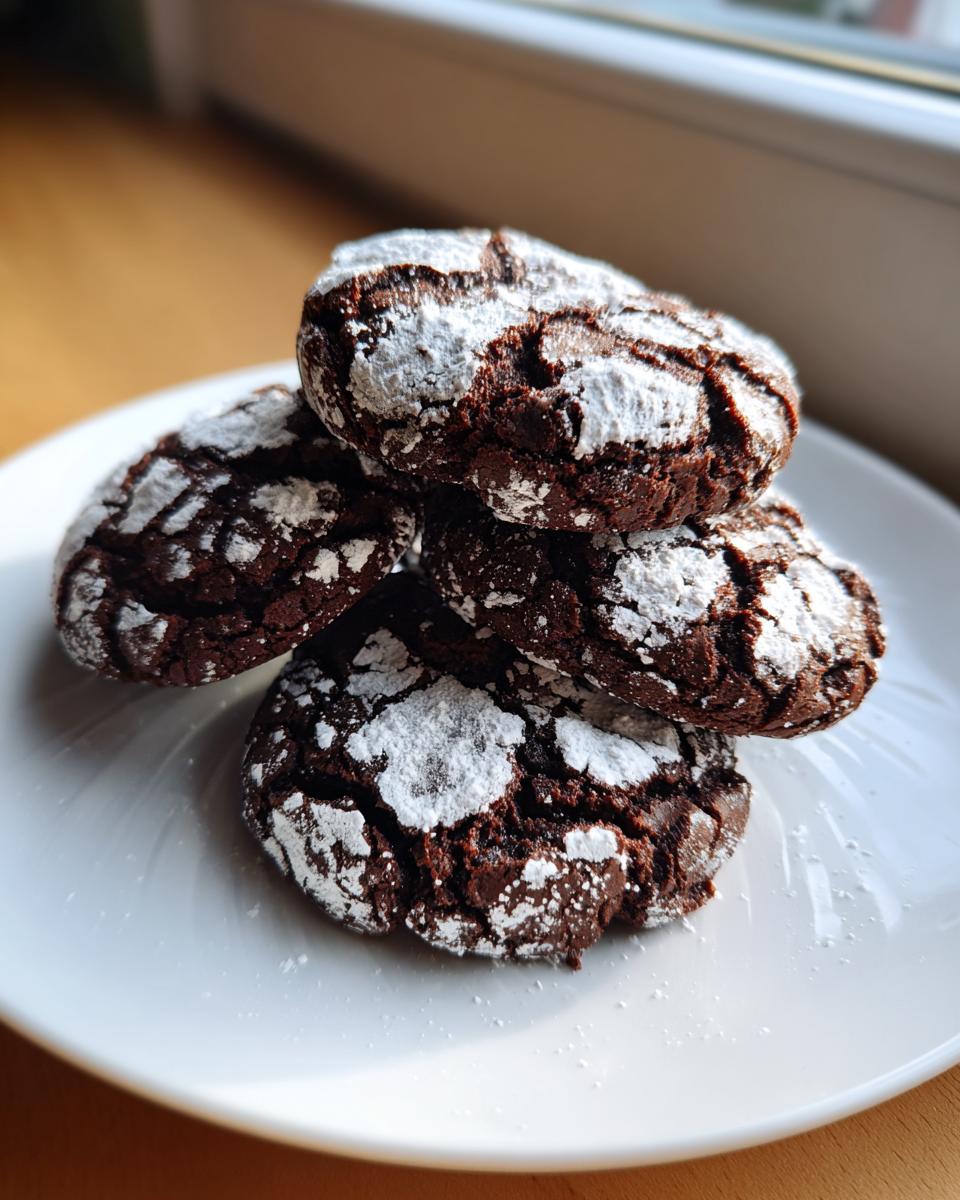 A stack of four rich, dark chocolate crinkle cookies dusted heavily with powdered sugar, sitting on a white plate.