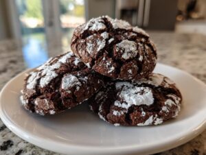 A close-up of three rich, dark chocolate crinkle cookies dusted heavily with powdered sugar, sitting on a white plate.