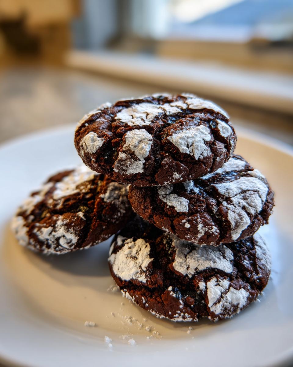A stack of four fudgy chocolate crinkle cookies generously dusted with white powdered sugar, resting on a white plate.