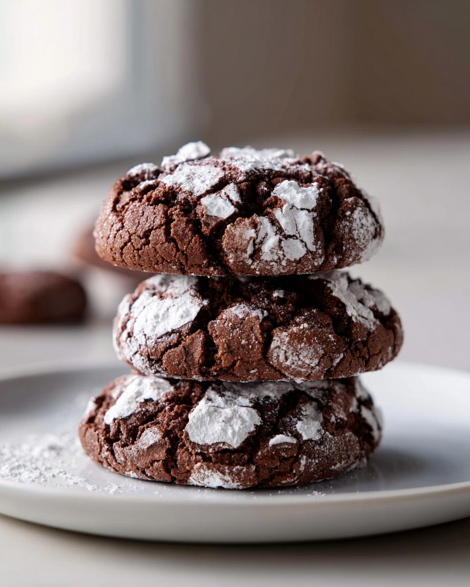 Three fudgy chocolate crinkle cookies stacked on a white plate, heavily dusted with powdered sugar.