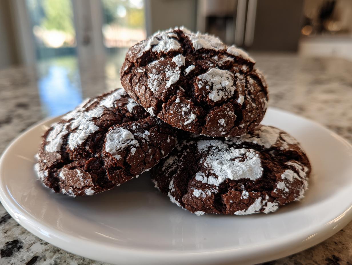 A close-up of three rich, dark chocolate crinkle cookies dusted heavily with powdered sugar, sitting on a white plate.