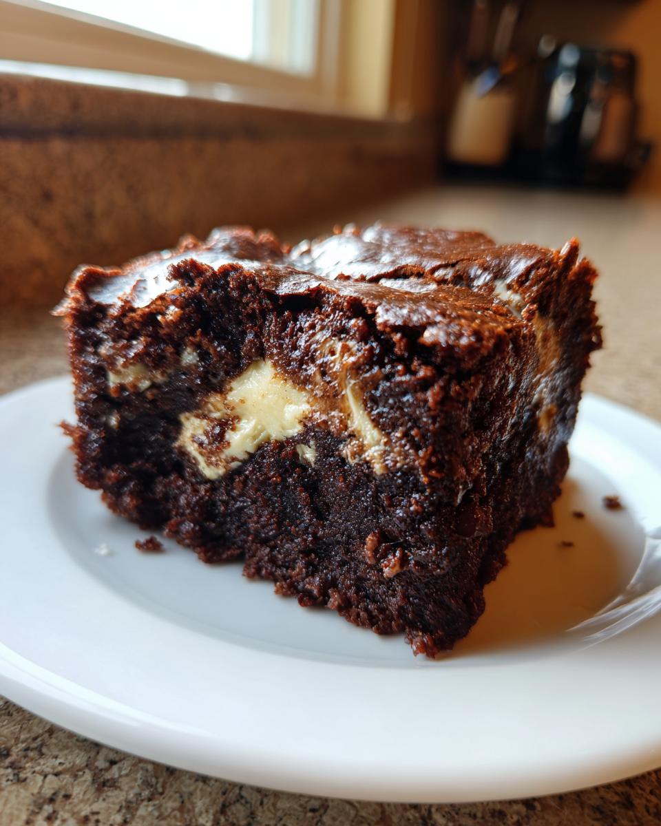Close-up of a fudgy piece of gingerbread brownies with a visible cream cheese swirl inside.
