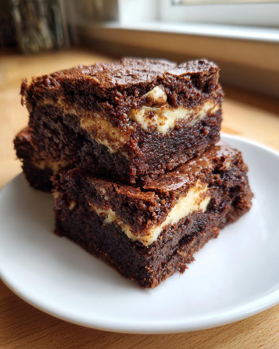 Close-up of two stacked, fudgy gingerbread brownies featuring a visible cream cheese swirl layer.