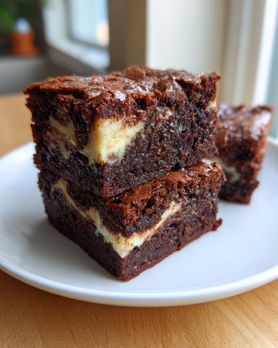 Two stacked, fudgy gingerbread brownies featuring a visible cream cheese swirl, served on a white plate.
