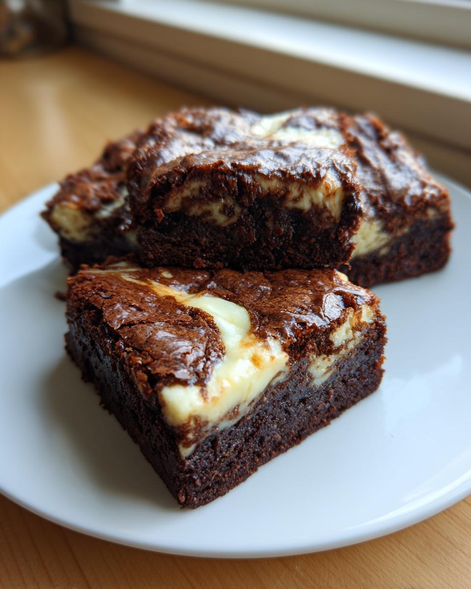 Two rich, fudgy gingerbread brownies with a visible cream cheese swirl on a white plate.