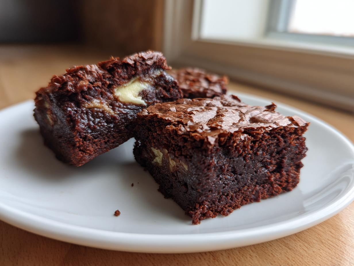 Close-up of fudgy gingerbread brownies with visible cream cheese swirls on a white plate.