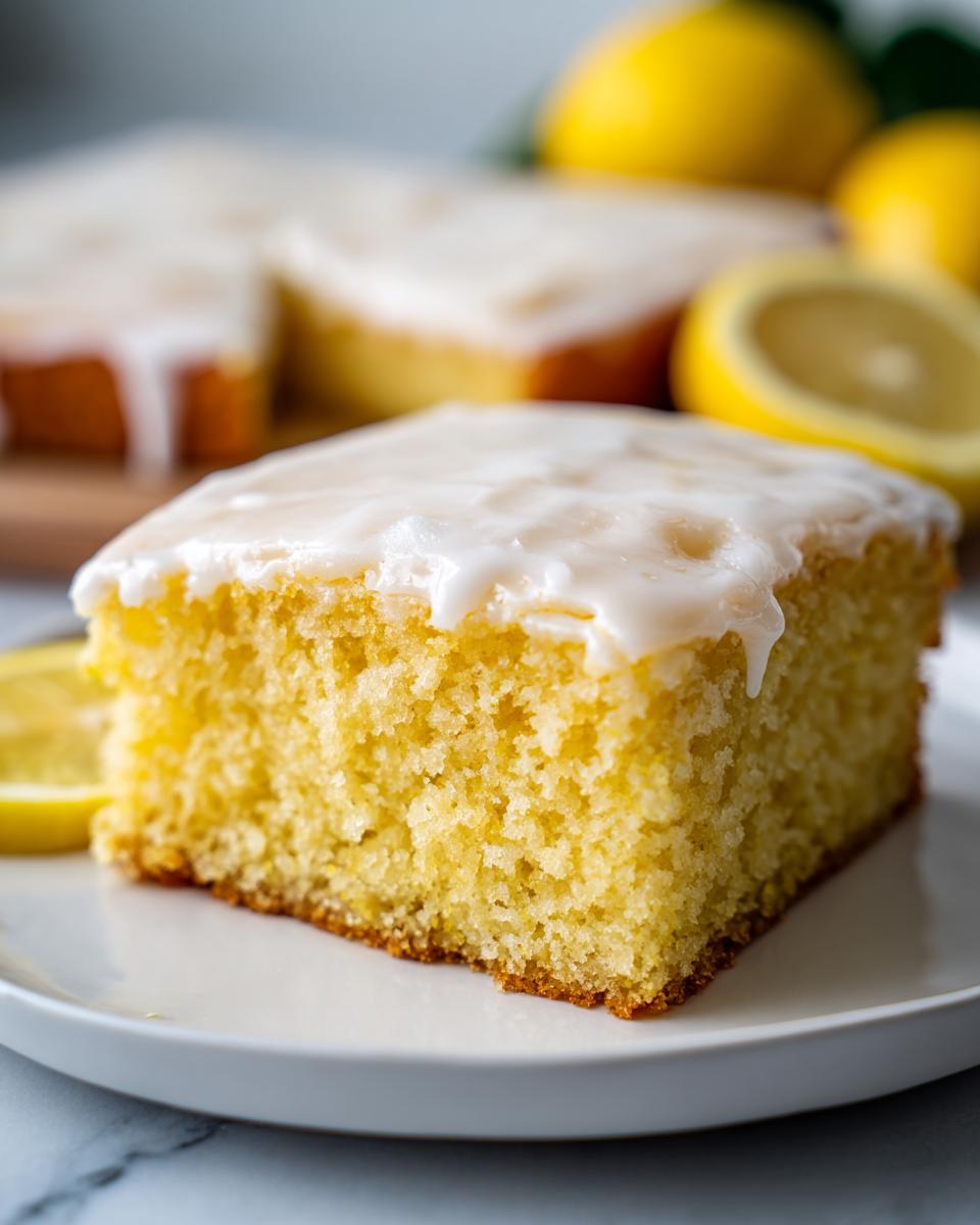 Close-up of a square slice of fudgy lemon brownies topped with thick white glaze, with fresh lemons in the background.