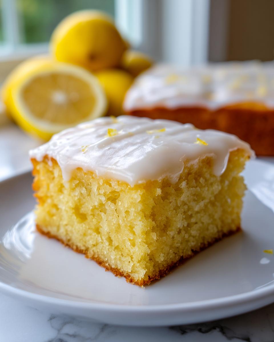 Close-up of a square slice of fudgy lemon brownies topped with thick white glaze and zest.