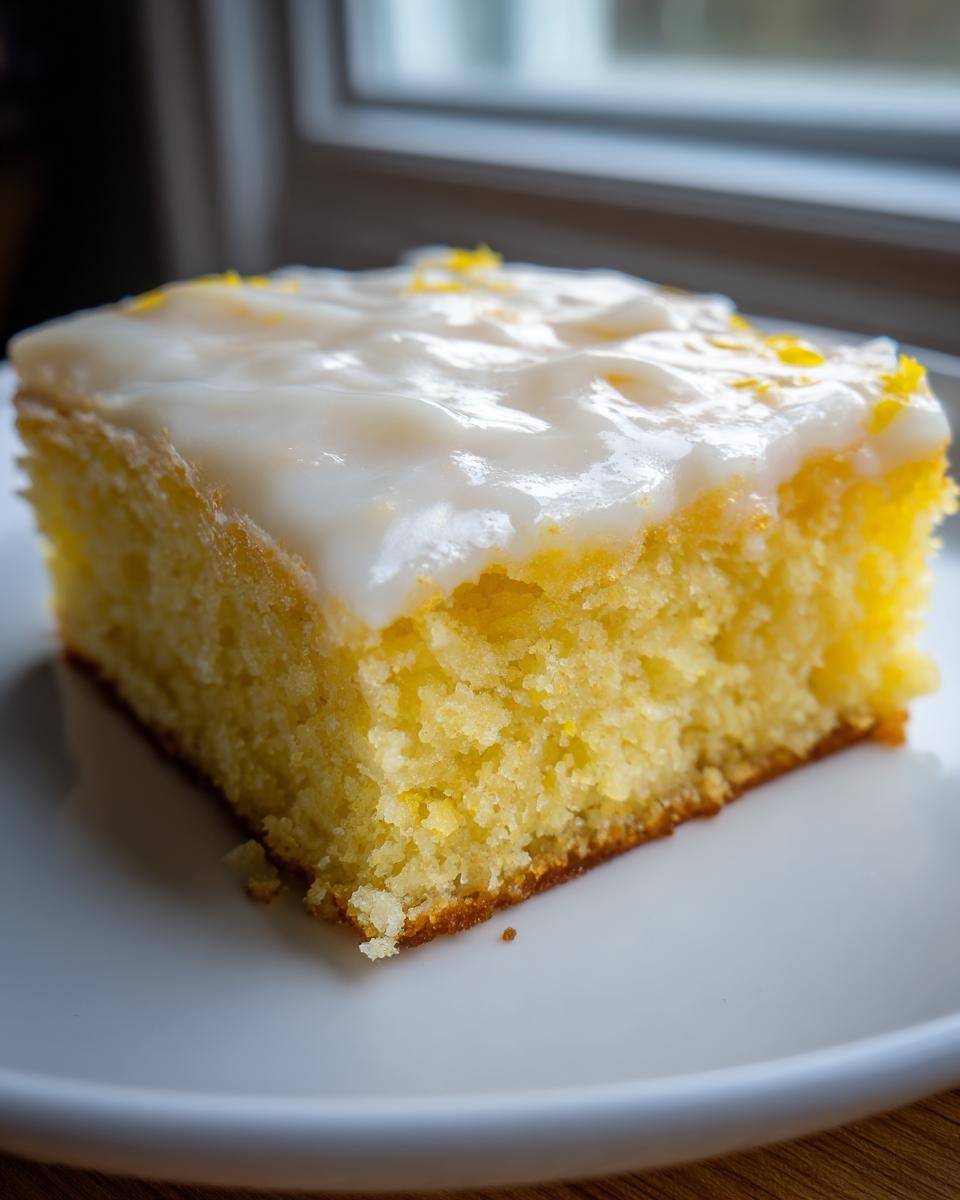 A square slice of bright yellow lemon brownies topped with thick white lemon glaze and zest.