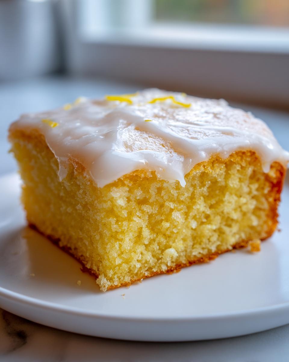 A close-up of a single square slice of fudgy lemon brownies topped with white glaze and zest.