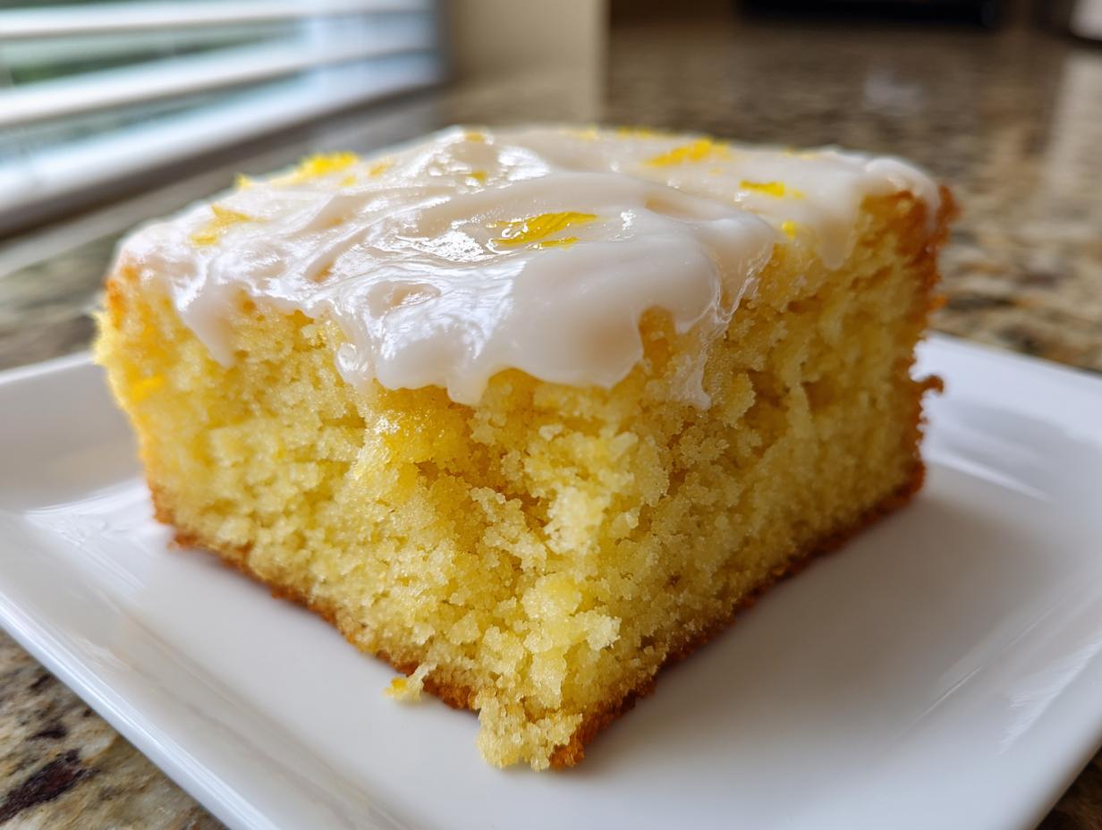 A close-up of a square slice of bright yellow lemon brownies topped with thick white lemon glaze and zest.