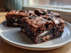 Close-up of fudgy Oreo brownies with a shiny top, showing chunks of Oreo cookies baked inside.