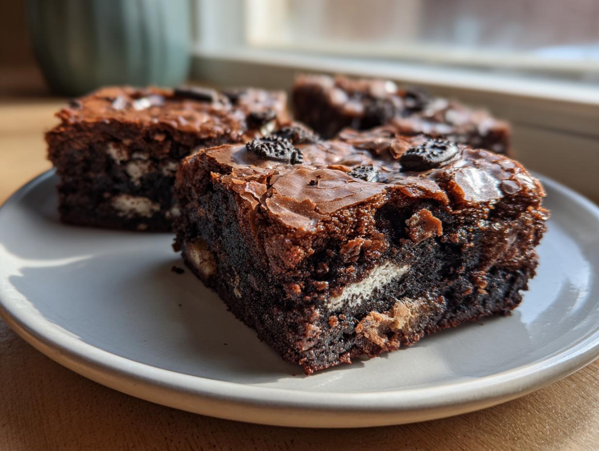 Close-up of fudgy Oreo brownies with a shiny top, showing chunks of Oreo cookies baked inside.
