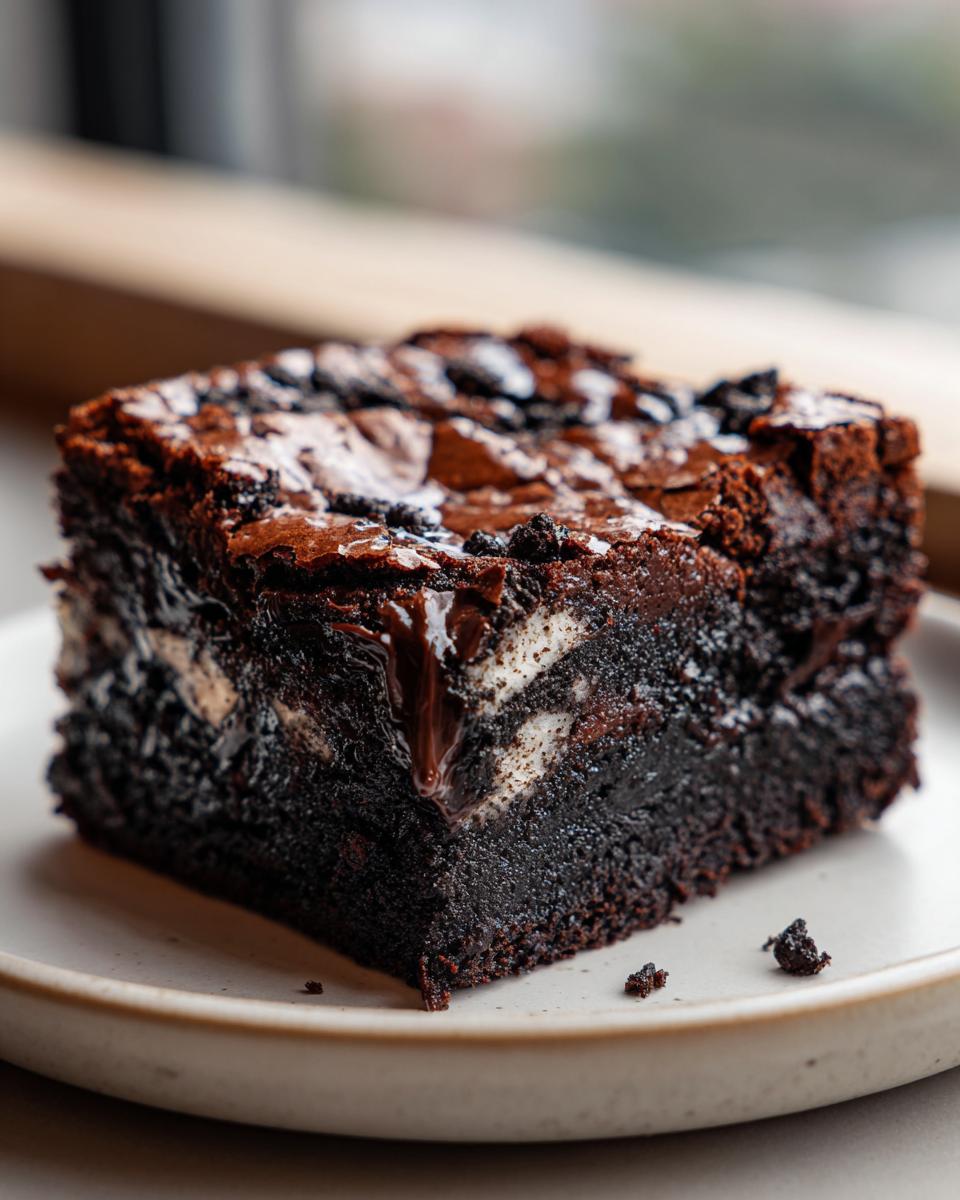Close-up of a rich, fudgy Oreo brownies slice showing melted chocolate and chunks of Oreo cookies inside.