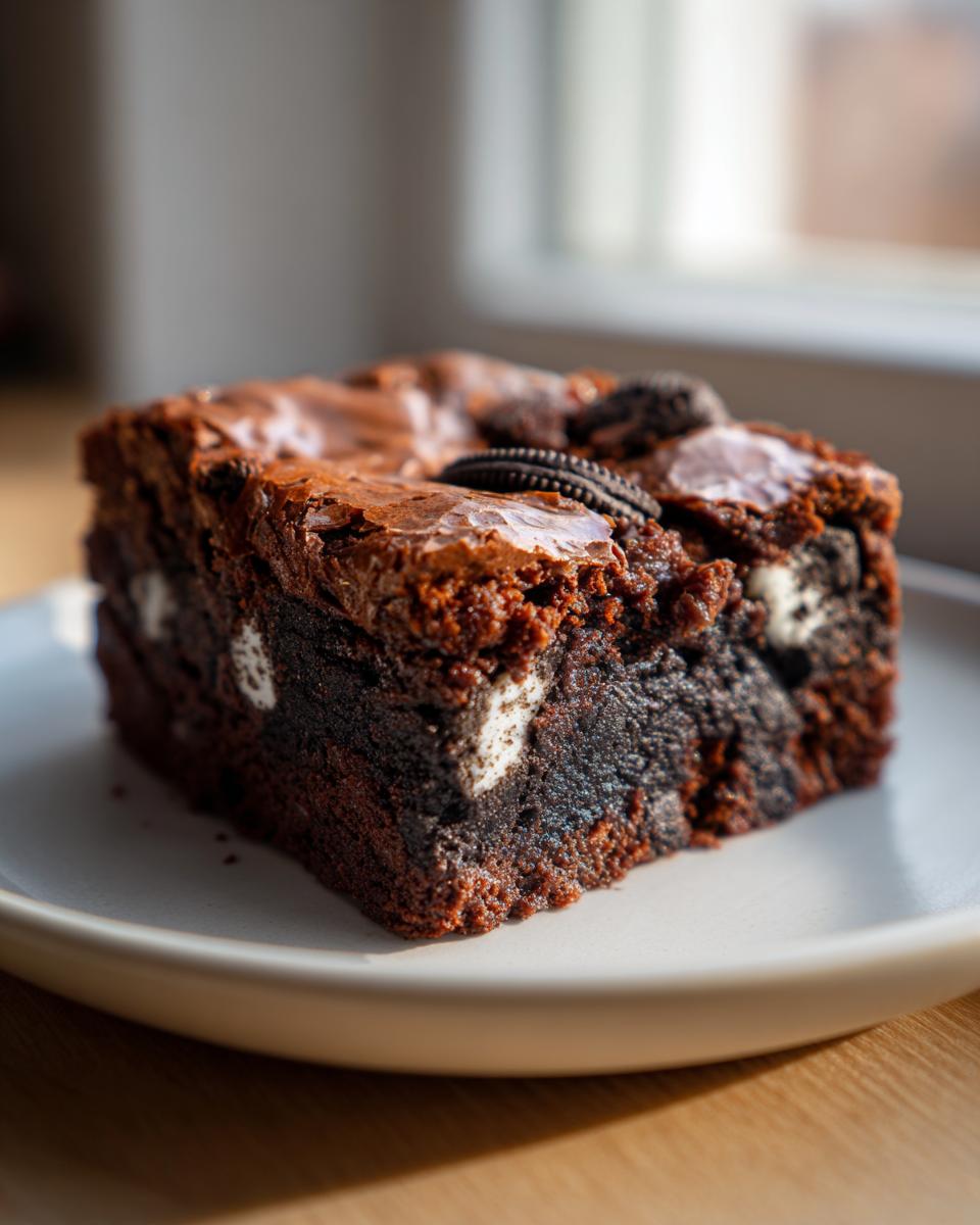 A close-up of a fudgy, rich Oreo brownies slice on a white plate, featuring visible Oreo pieces inside.