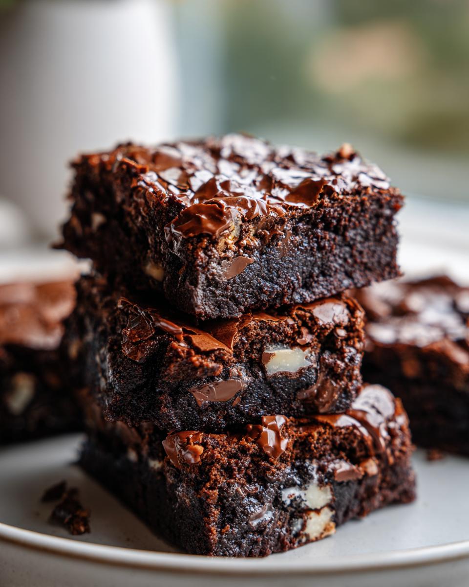 Close-up of a stack of three fudgy Oreo brownies topped with melted chocolate chips and visible white chunks inside.