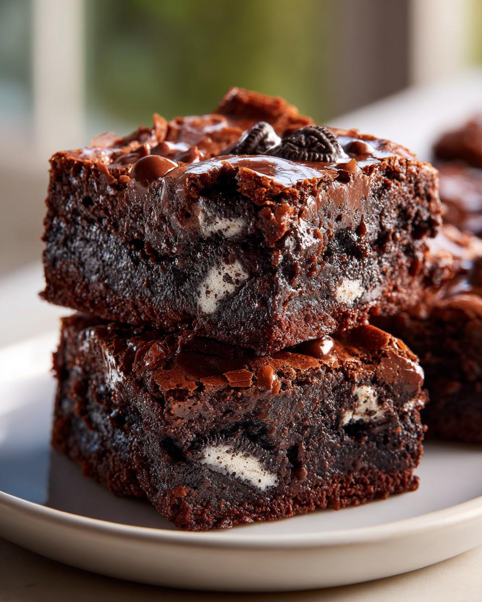 Two fudgy Oreo brownies stacked, showing chunks of white cream filling inside the dark chocolate base.