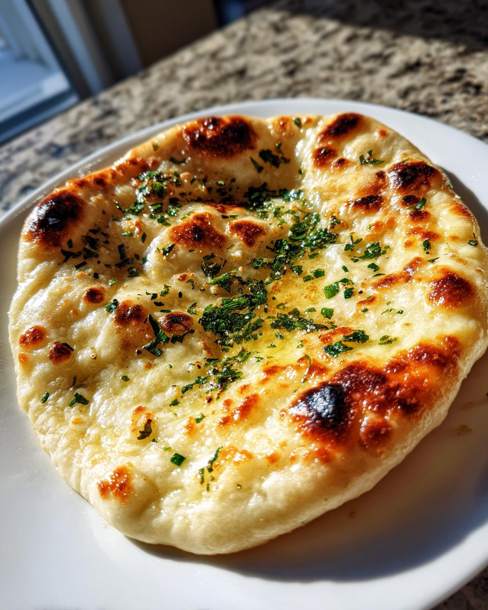 Close-up of a freshly made, golden-brown naan bread brushed with melted butter and sprinkled with chopped parsley.