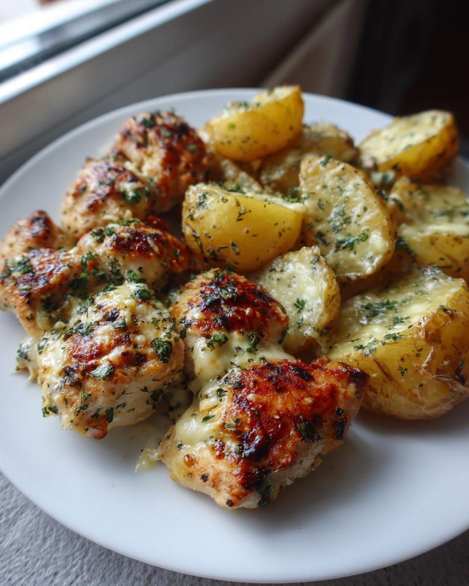 Close-up of baked garlic parmesan chicken and potatoes topped with melted cheese and fresh parsley.