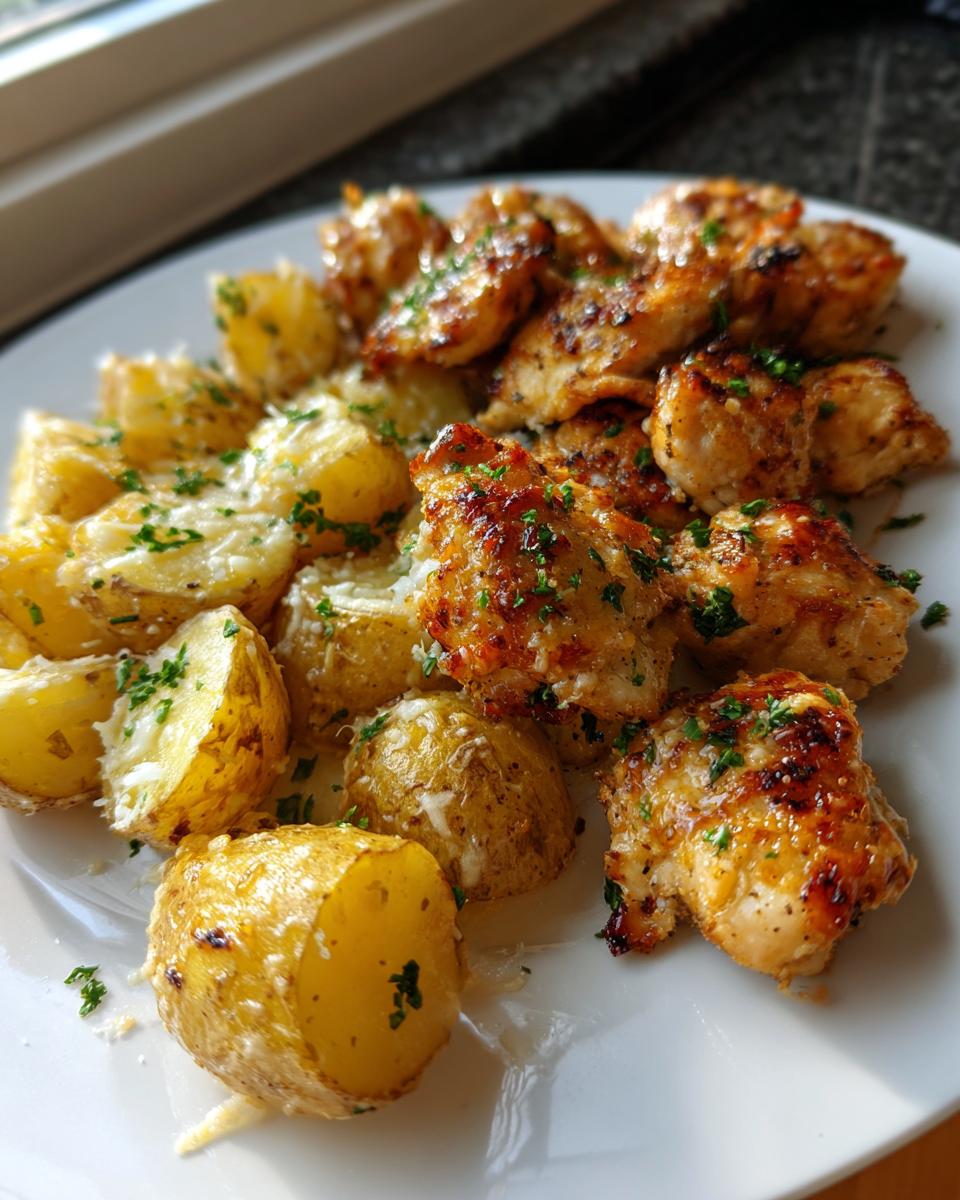Close-up of golden brown garlic parmesan chicken and potatoes topped with melted cheese and parsley.