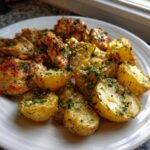 A plate featuring golden roasted potatoes and seared chicken pieces topped with garlic parmesan and fresh parsley, highlighting the garlic parmesan chicken and potatoes.