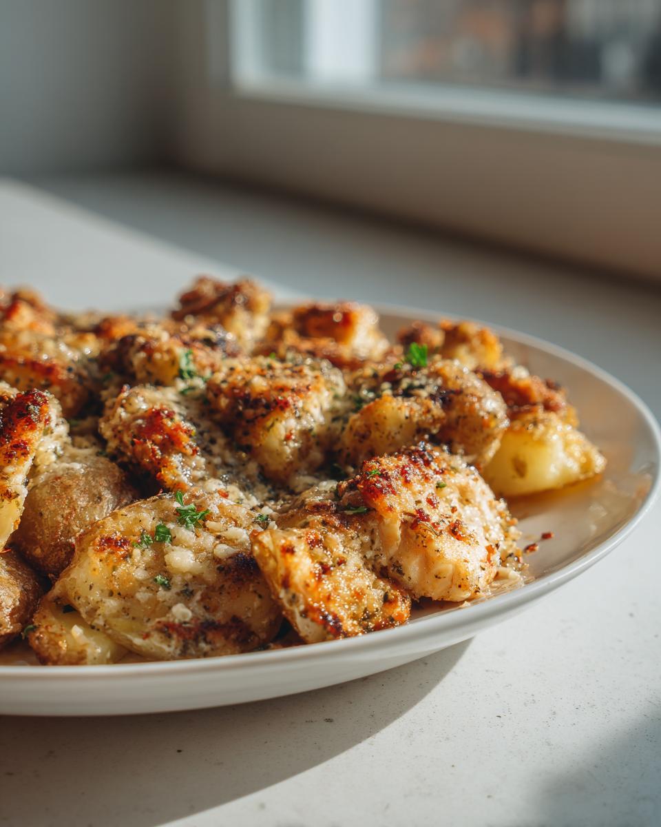 Close-up of golden brown garlic parmesan chicken and potatoes generously topped with grated cheese and herbs.