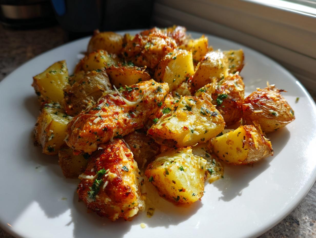 Golden roasted chicken pieces and potatoes coated in garlic parmesan seasoning on a white plate.