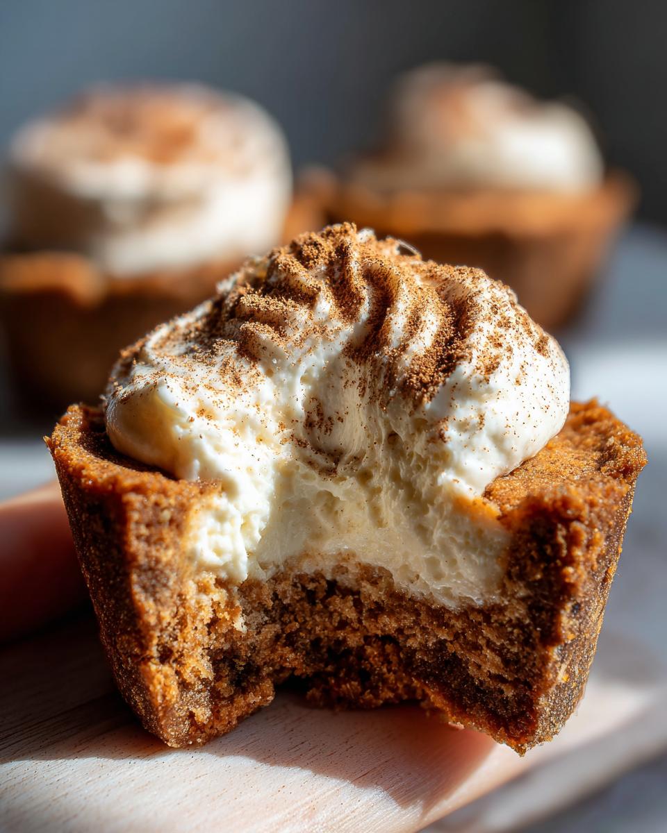 Close-up of a gingerbread cheesecake cup with a bite taken out, showing the creamy filling and cinnamon dusting.