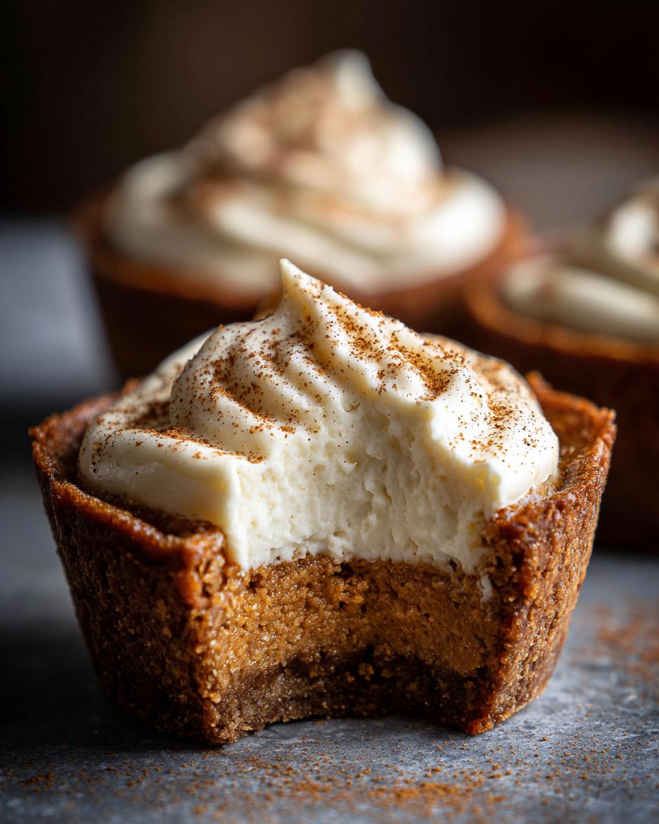 A close-up of a gingerbread cheesecake cup with a bite taken out, showing the creamy filling and cinnamon dusting.