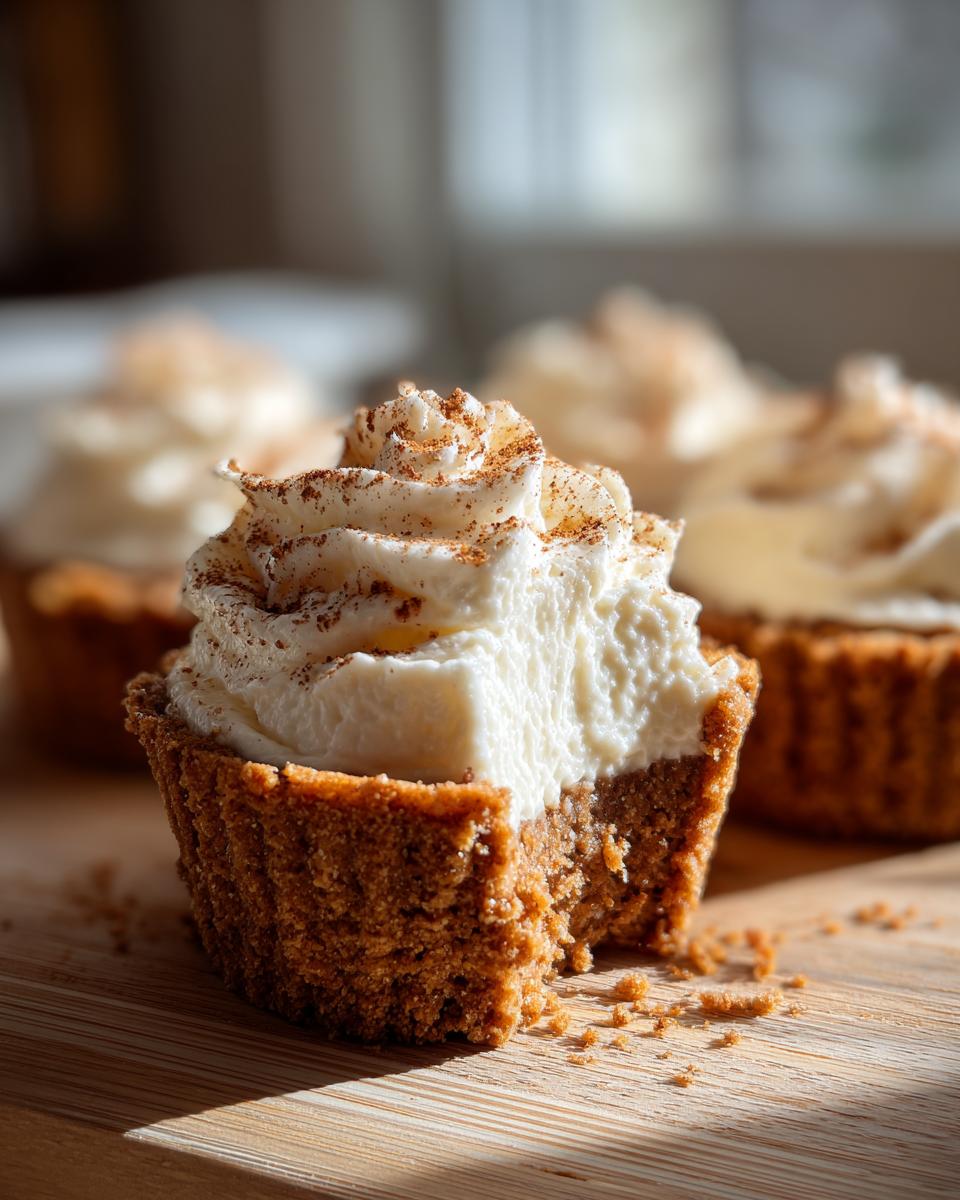 A close-up of a gingerbread cheesecake cup with a bite taken out, showing the crust and creamy topping dusted with spice.