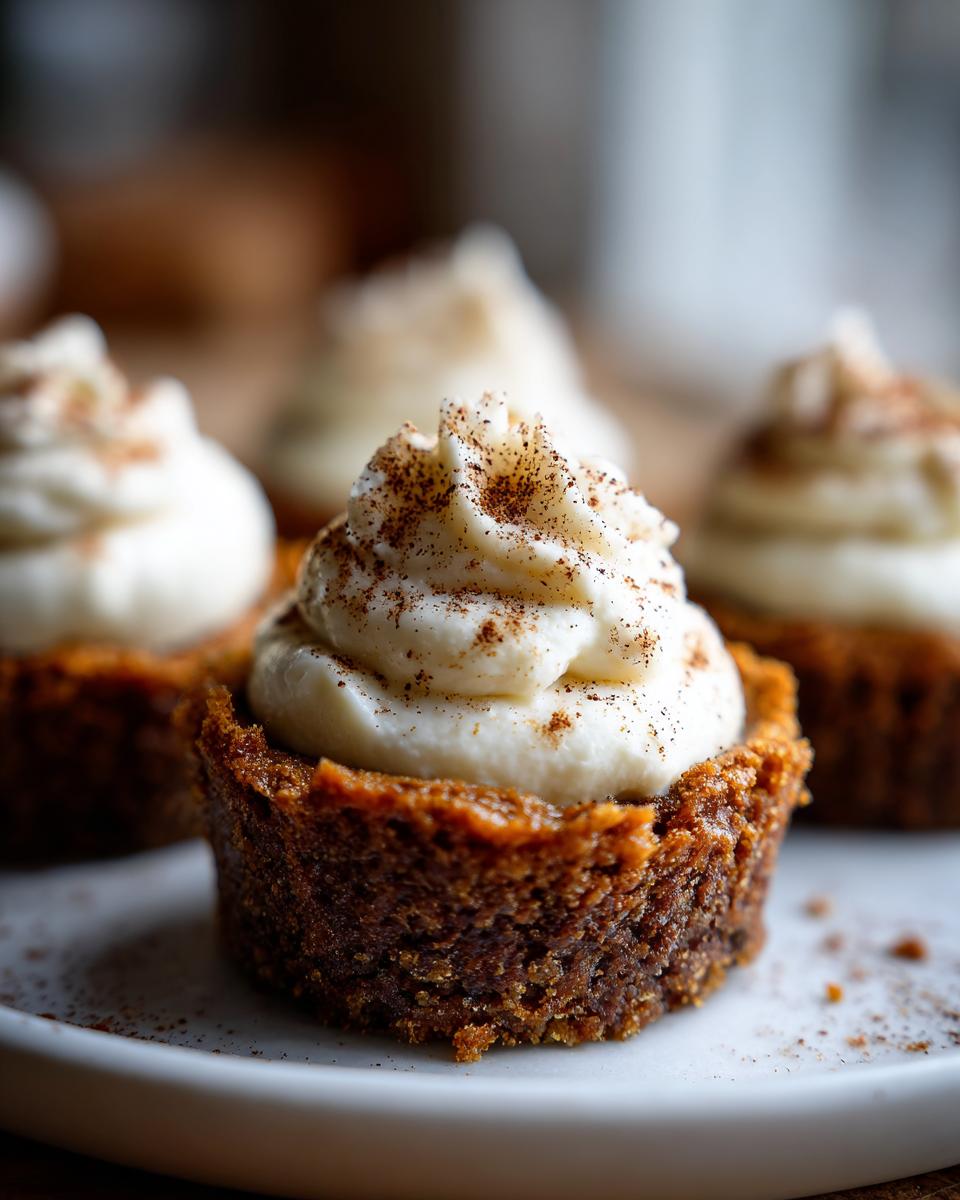 Close-up of a single gingerbread cheesecake cup topped with swirl of cream cheese frosting and a dusting of cinnamon.