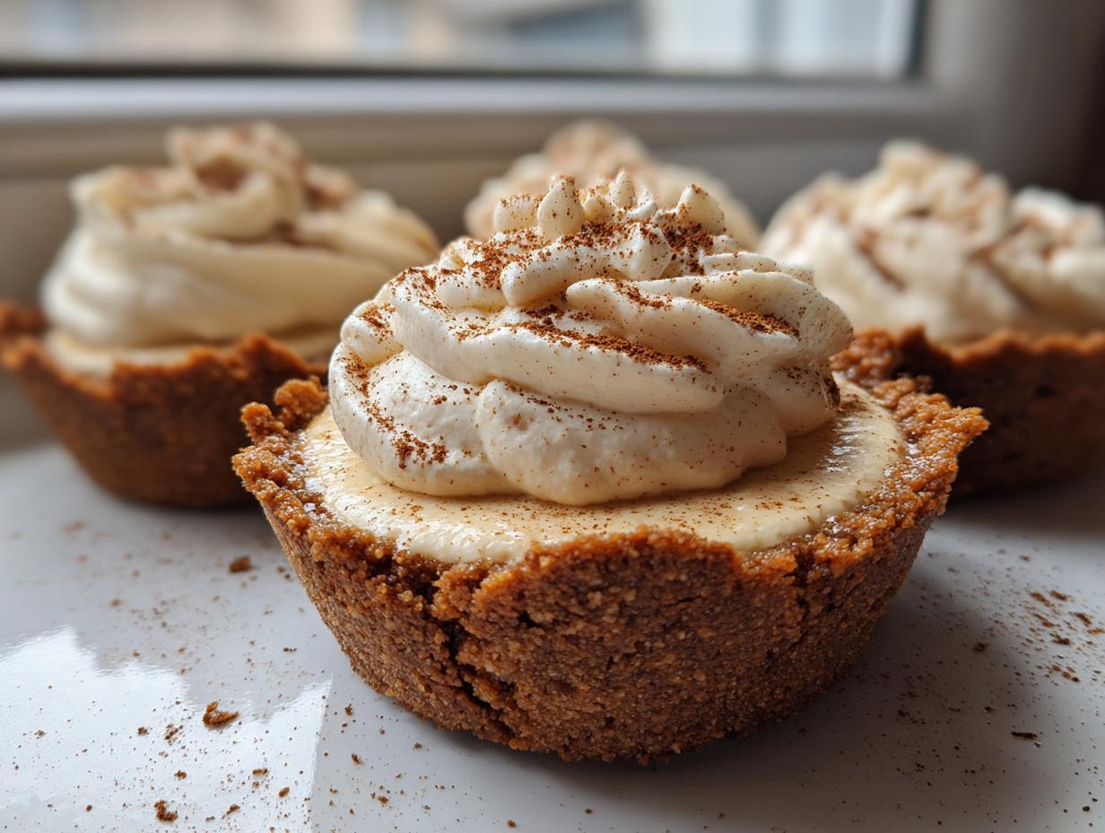 A close-up of one perfect gingerbread cheesecake cup topped with whipped cream and cinnamon.