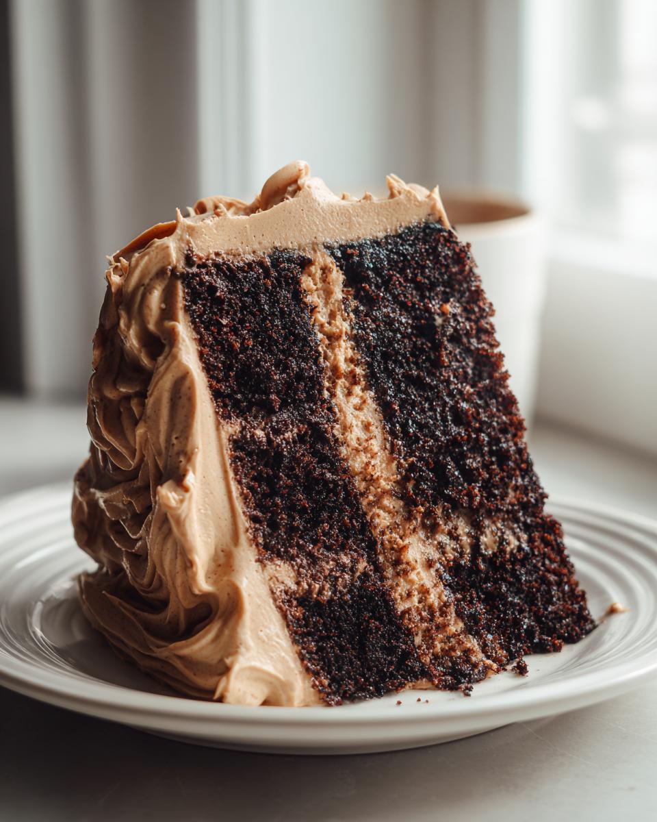 A tall slice of dark chocolate gingerbread latte cake layered with light brown coffee frosting on a white plate.