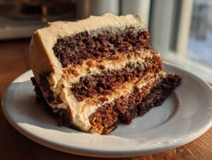 A close-up slice of moist, dark gingerbread latte cake with layers of light brown frosting.