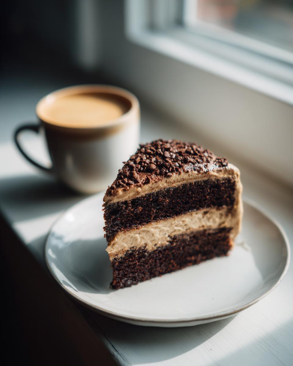 A rich, layered slice of gingerbread latte cake next to a mug of coffee by a bright window.