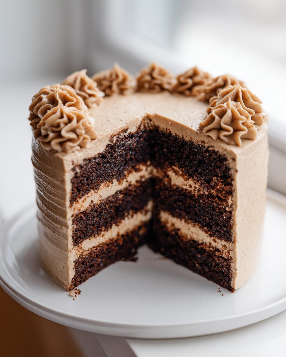 Cross-section view of a rich, dark chocolate gingerbread latte cake with layers of light brown coffee frosting.