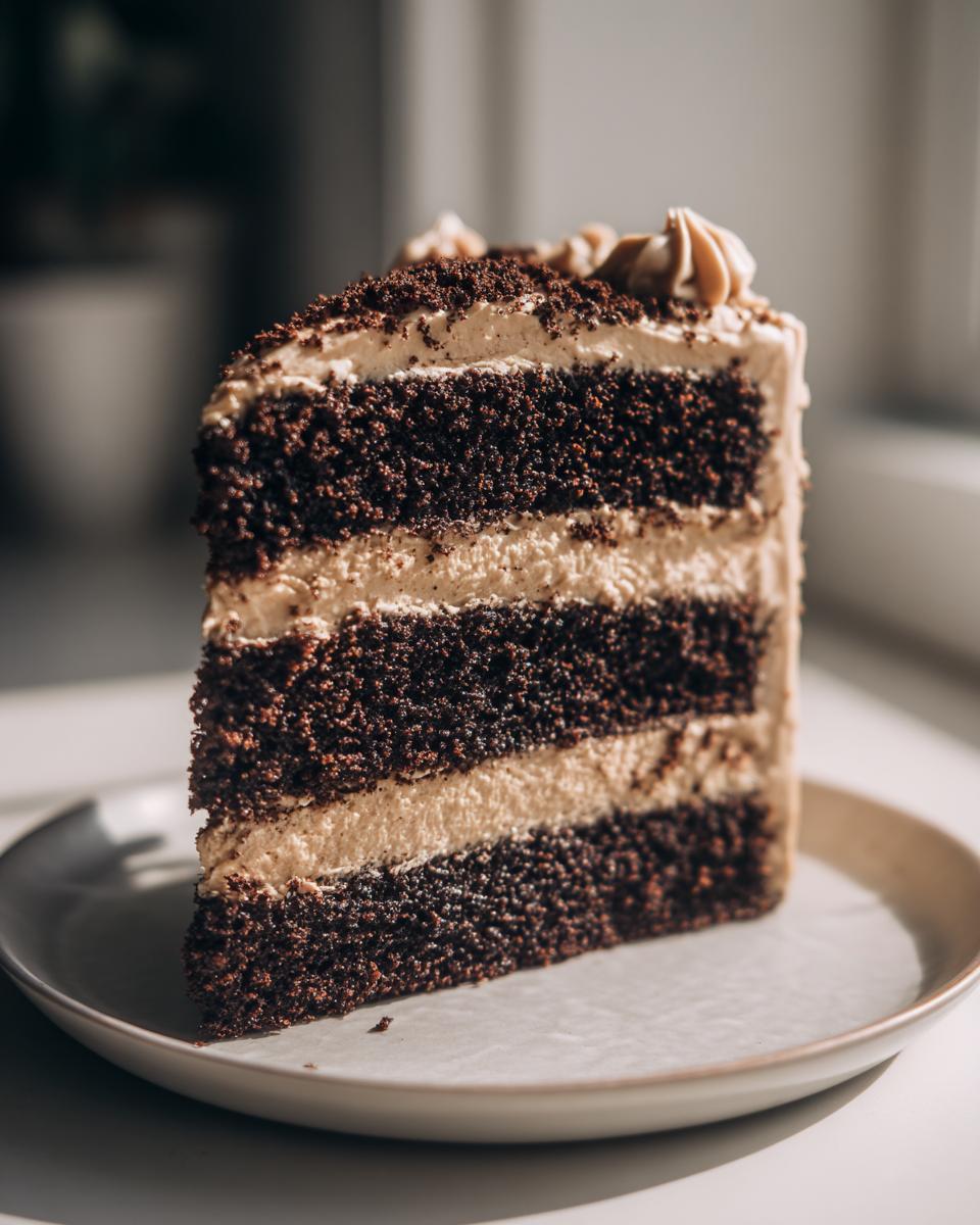 Close-up of a slice of multi-layered gingerbread latte cake with dark chocolate sponge and light brown frosting.