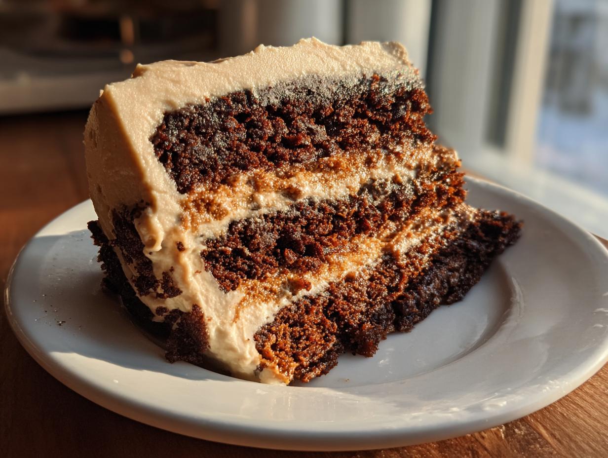 A close-up slice of moist, dark gingerbread latte cake with layers of light brown frosting.