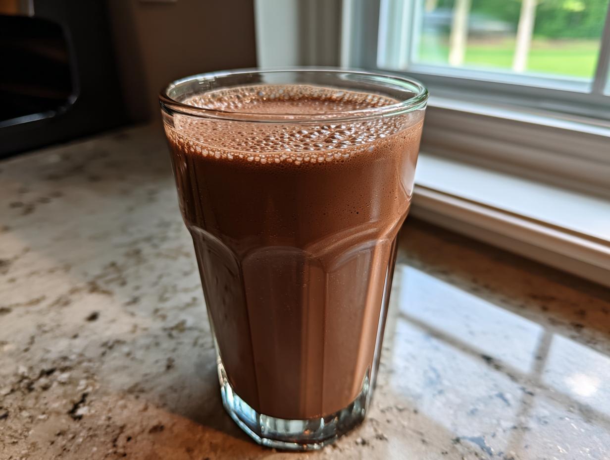 A tall glass filled with rich, frothy chocolate milk sitting on a granite countertop near a window.