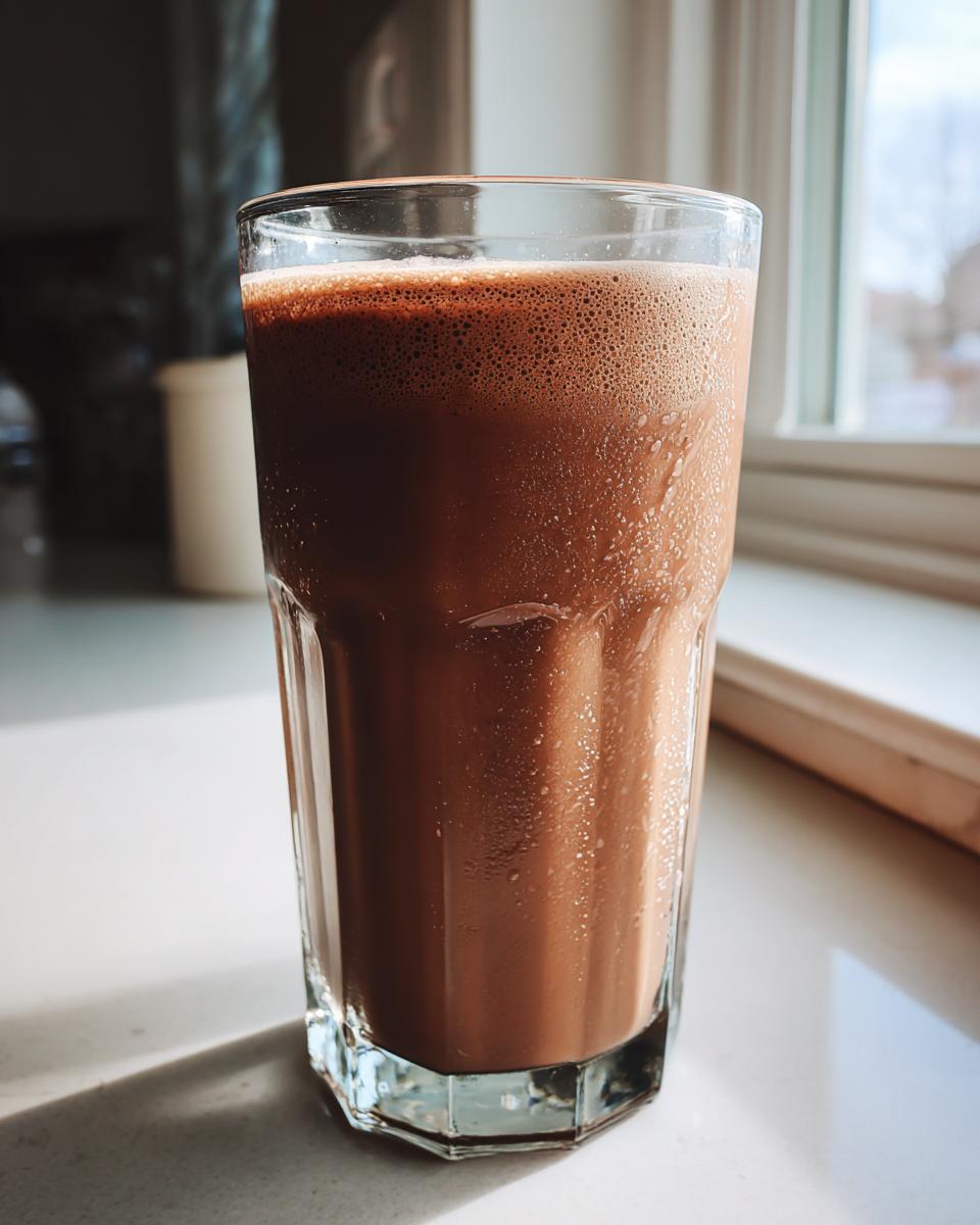 A tall glass filled with cold, frothy chocolate milk sitting on a bright white counter near a window.