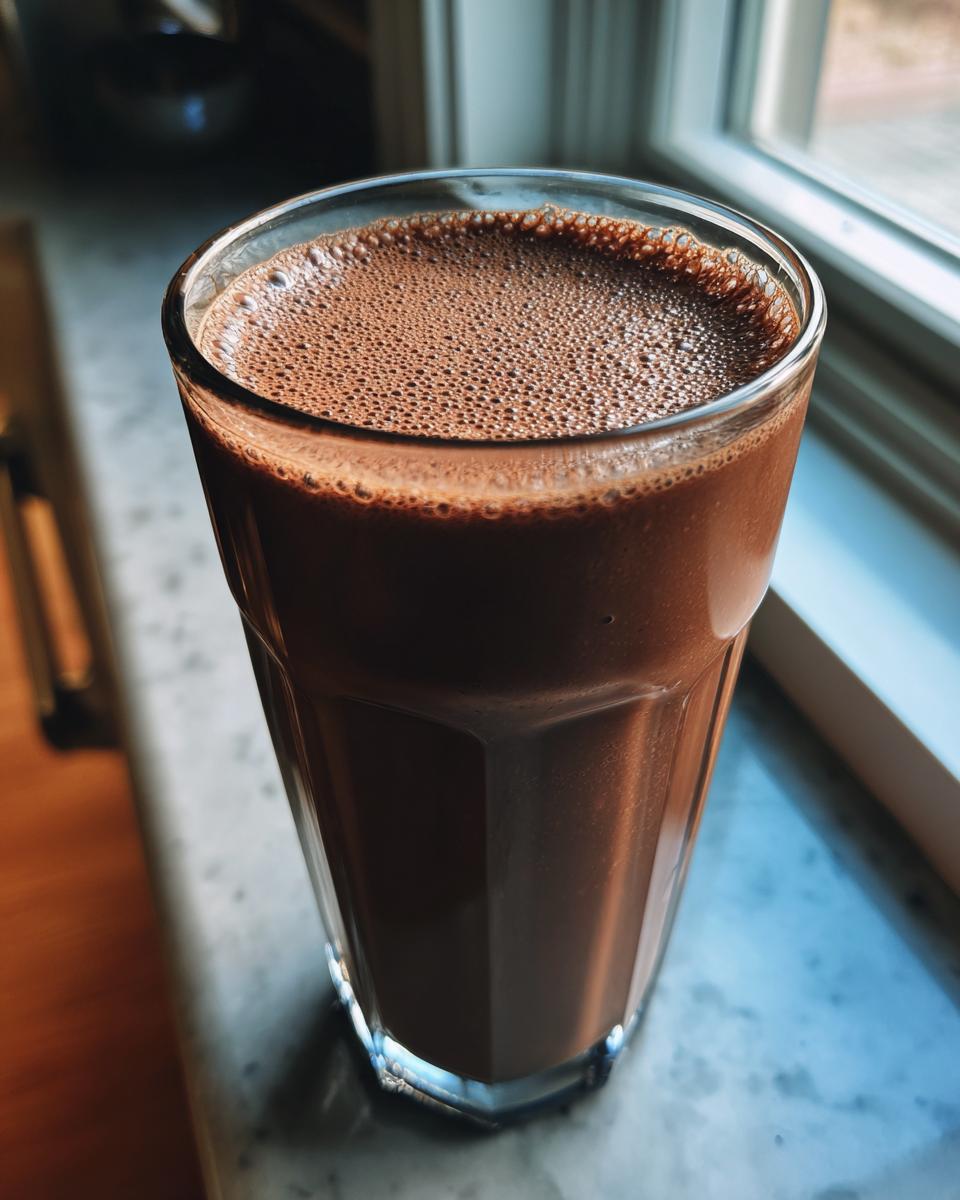 A tall glass filled with rich, dark chocolate milk showing a layer of fine foam on top.