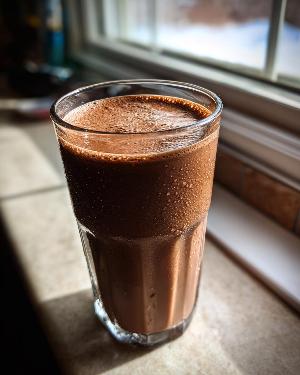 A tall, cold glass of homemade chocolate milk sitting on a counter near a window, showing condensation.