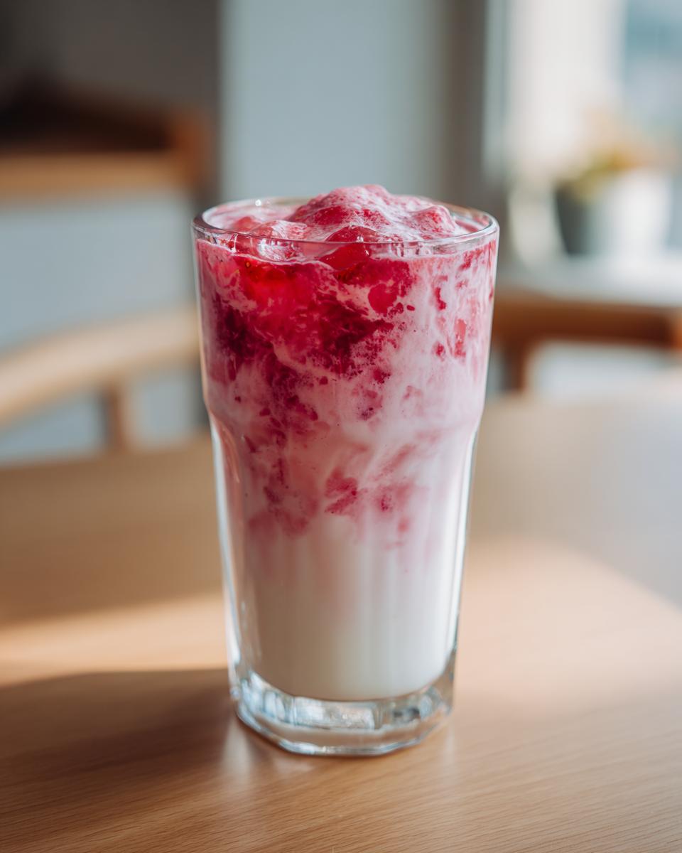 Close-up of a tall glass filled with layered strawberry milk, showing white milk mixing with vibrant red strawberry puree.