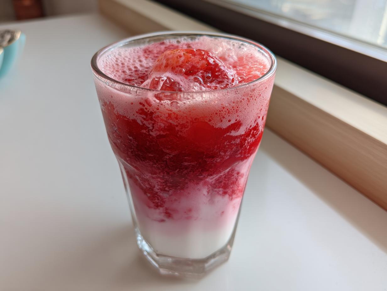 A tall glass showing layers of white milk and bright red, frothy strawberry mixture, creating homemade strawberry milk.