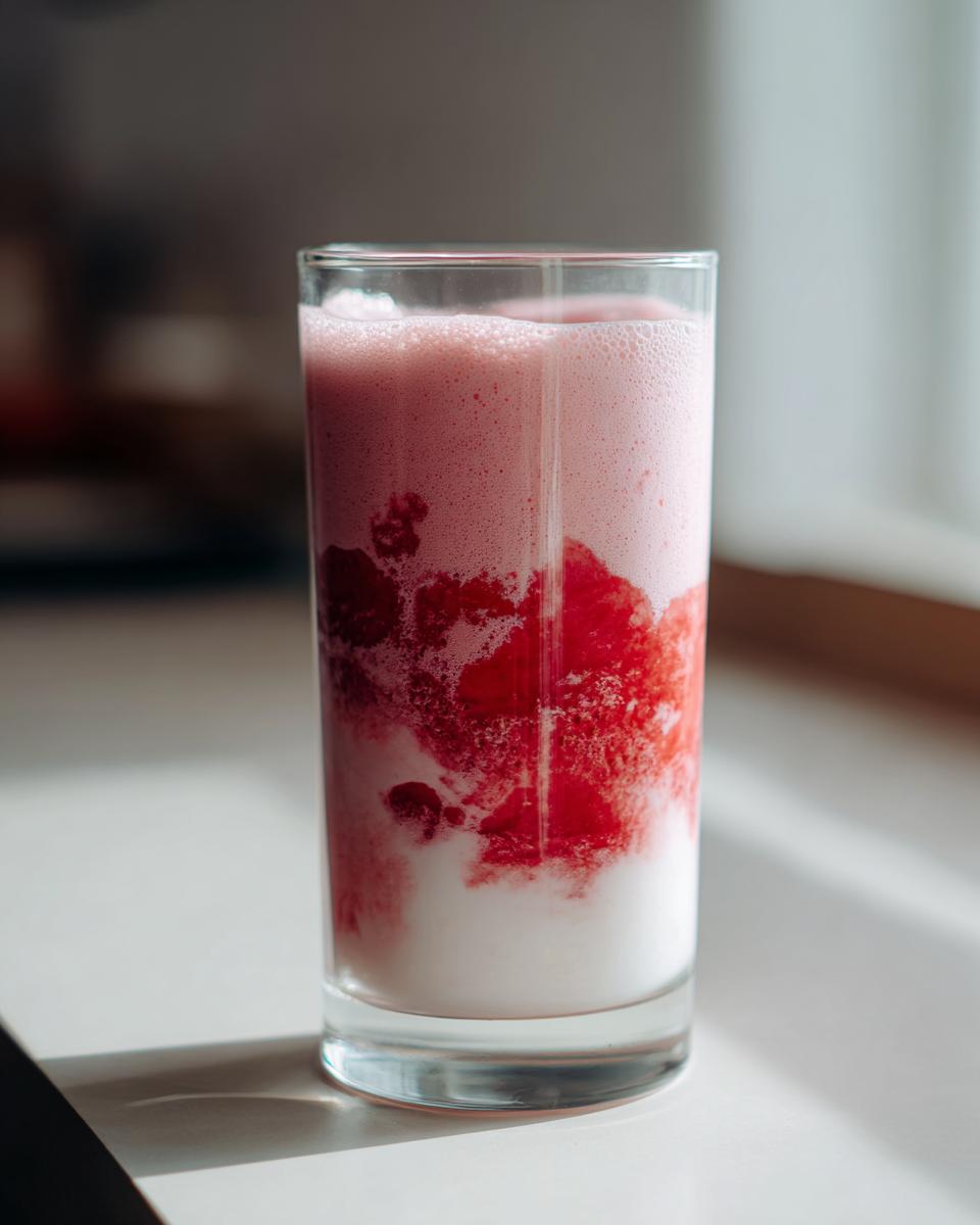 Close-up of a tall glass showing layers of white milk and bright red strawberry puree, creating homemade strawberry milk.
