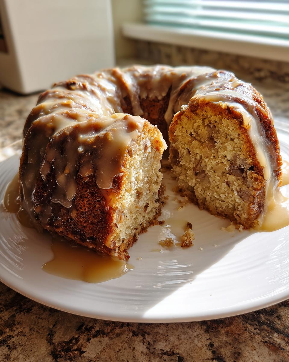 A moist apple bundt cake drizzled with caramel glaze, with one slice cut out to show the texture.