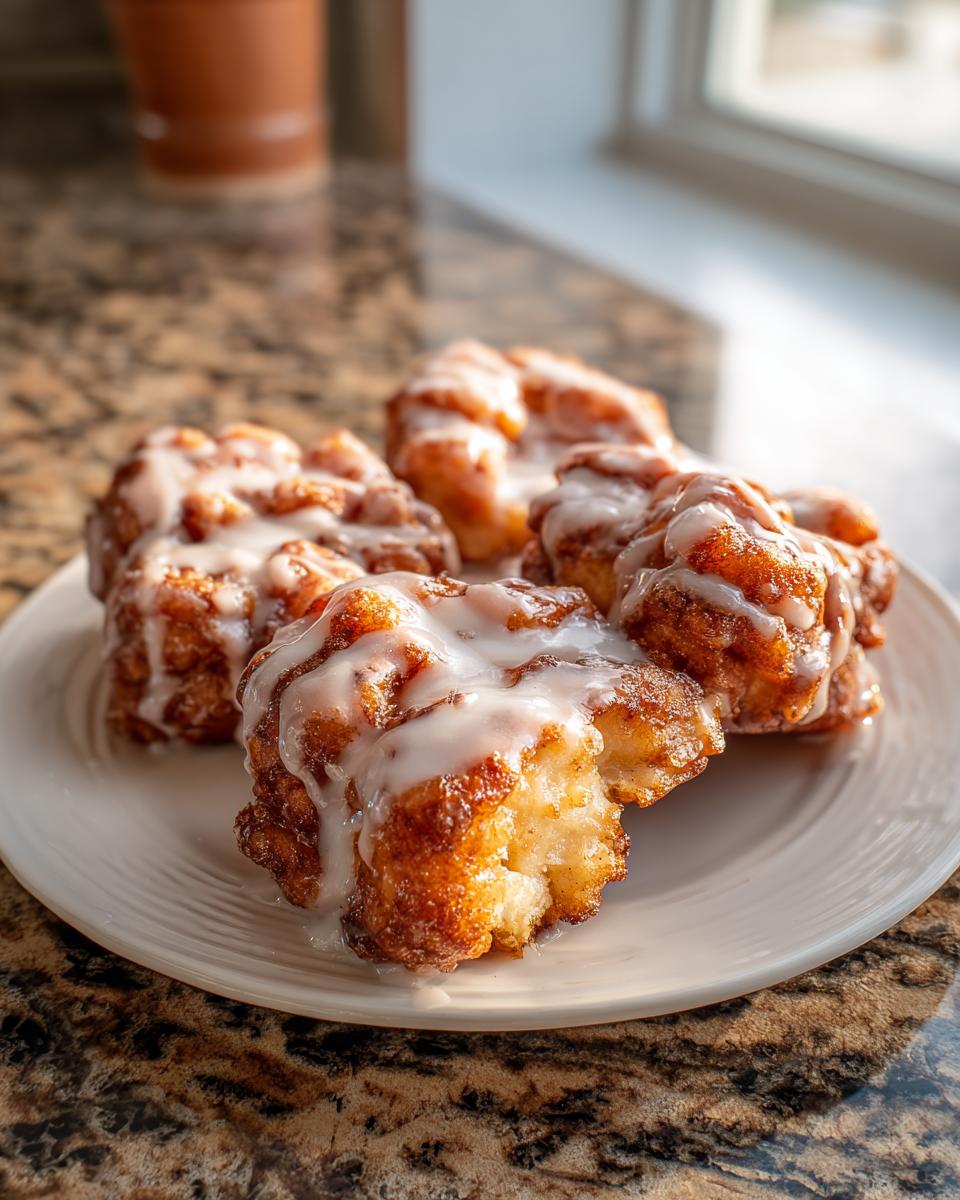 Close-up of several golden brown baked apple fritters drizzled generously with white vanilla glaze.