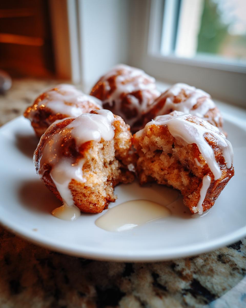 Close-up of several glazed baked apple fritters on a white plate, one is broken open showing the soft interior.