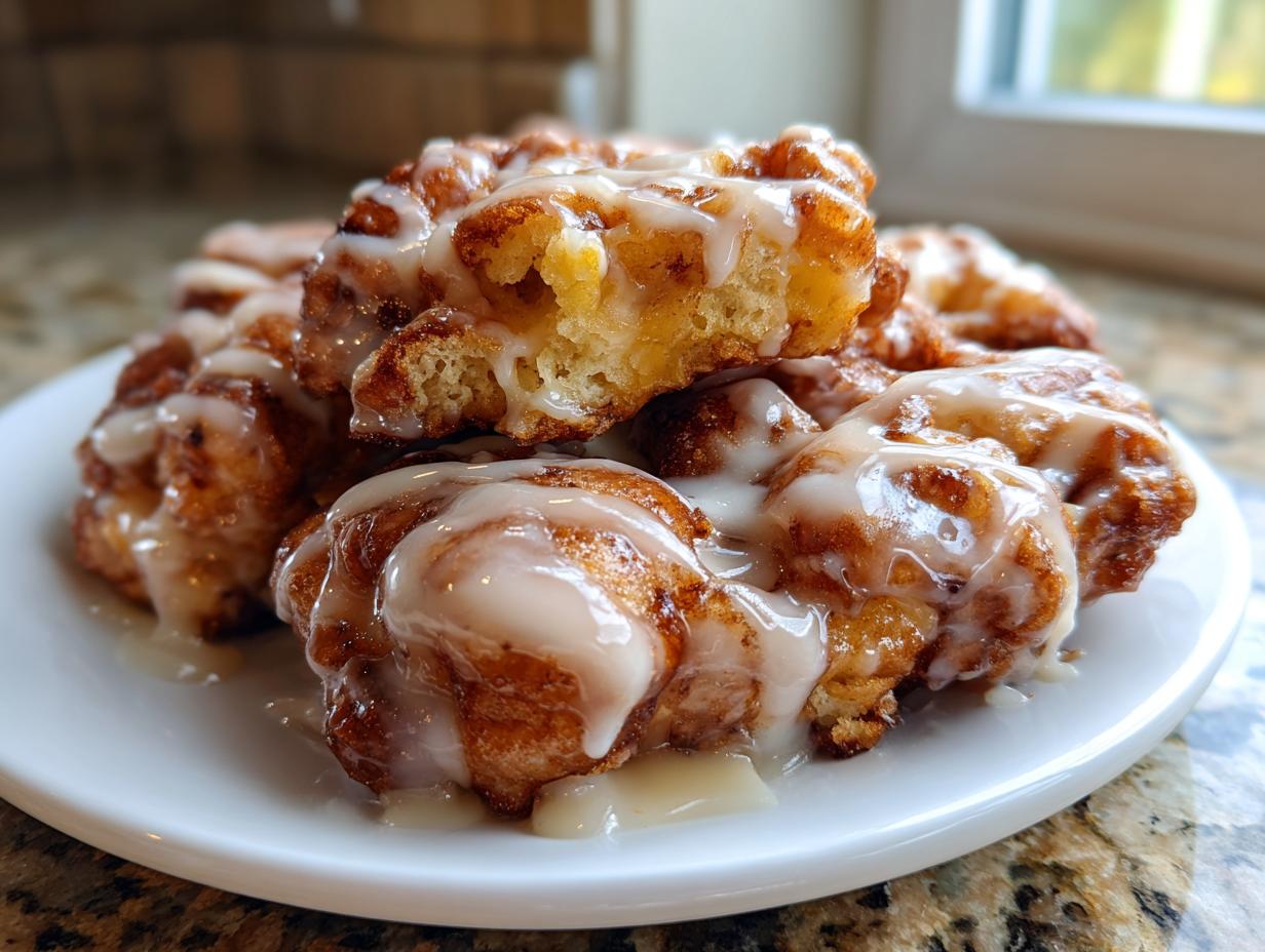 Close-up of several golden brown baked apple fritters generously drizzled with white glaze, stacked on a plate.